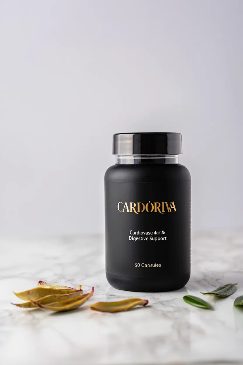 Cardoriva supplement bottle with natural ingredients for cardiovascular and digestive support